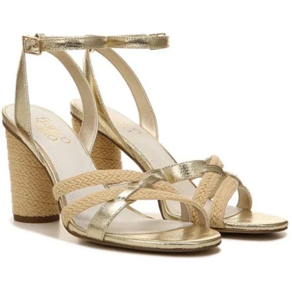 NIB Franco Sarto Olina Wicker Block Heel Ankle Strap Sandal